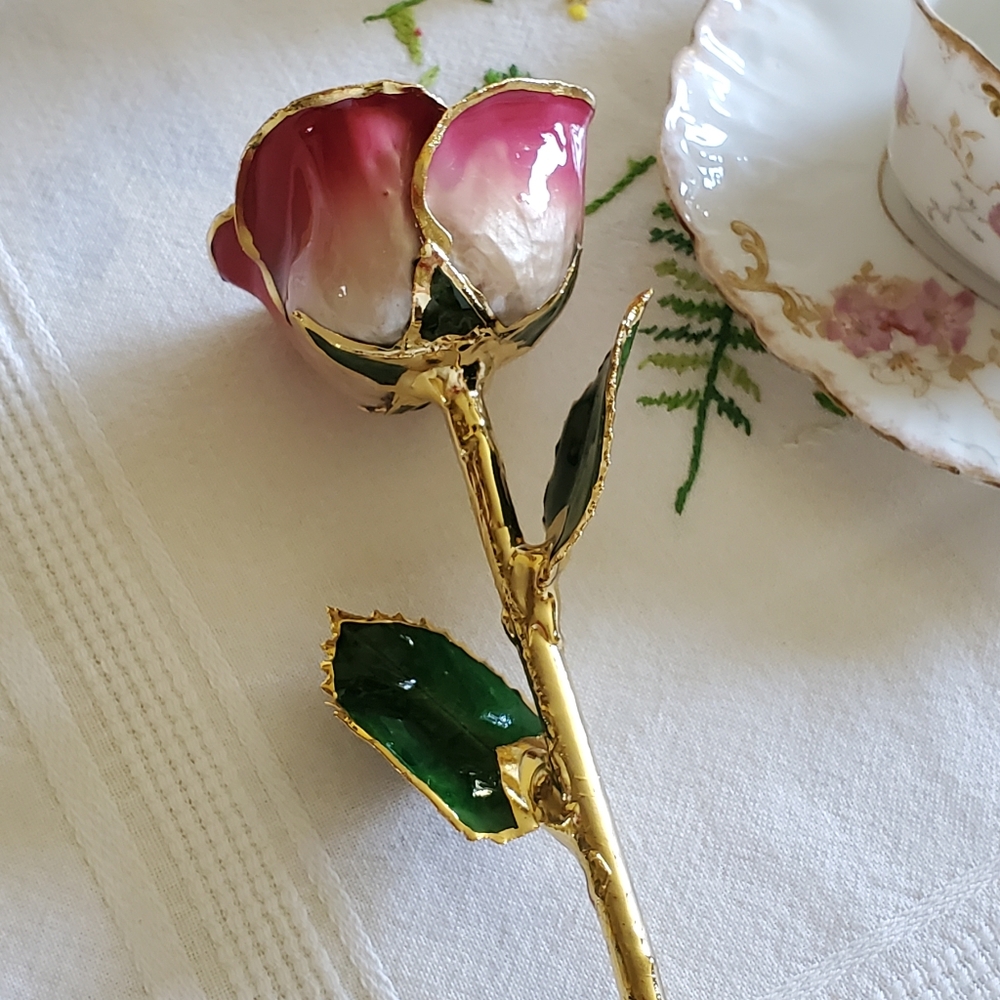 Gold and Pink Enamel Rose Jewelry